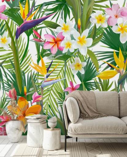 kleurrijke bladbehangmuurschildering genaamd Tropical Palm Leaves and Flowers voor badkamers en slaapkamers