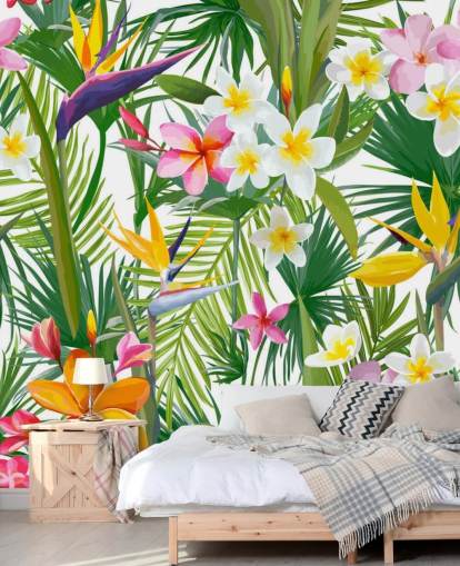 carta da parati murale con foglie colorate chiamata Tropical Palm Leaves and Flowers per bagni e camere da letto