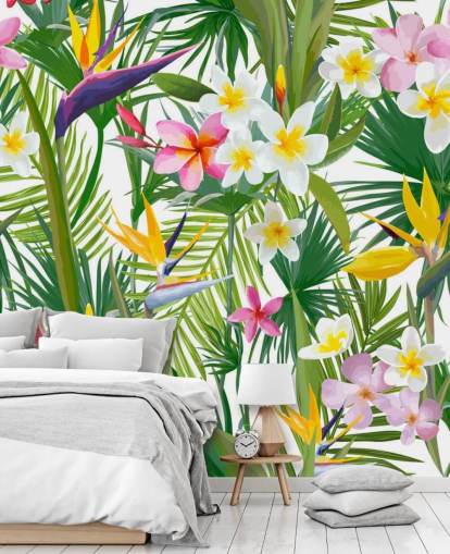 colourful leaf wallpaper mural called Tropical Palm Leaves and Flowers for bathrooms and bedrooms