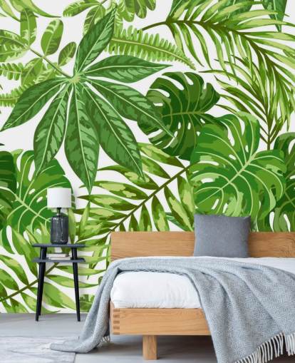 behangmuurschildering met groen en wit blad genaamd Exotic Leaf Pattern voor slaapkamers, badkamers en gangen behangmuurschildering met groen en wit blad genaamd Exotic Leaf Pattern voor slaapkamers, badkamers en gangen