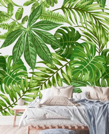 behangmuurschildering met groen en wit blad genaamd Exotic Leaf Pattern voor slaapkamers, badkamers en gangen