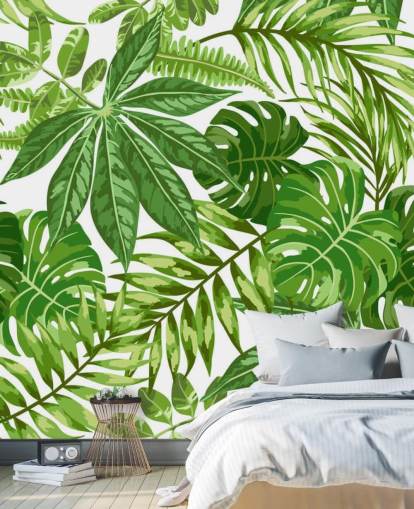 grønt og hvitt bladtapet veggmaleri kalt Exotic Leaf Pattern for soverom, bad og ganger