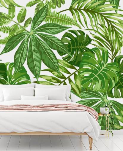 mural de papel de parede de folhas verdes e brancas chamado Exotic Leaf Pattern para quartos, banheiros e corredores