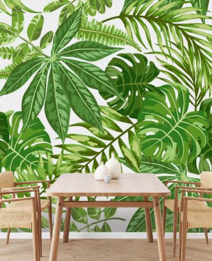 carta da parati murale con foglie verdi e bianche chiamata Exotic Leaf Pattern per camere da letto, bagni e corridoi