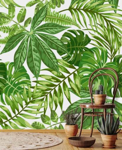 green and white leaf wallpaper mural called Exotic Leaf Pattern for bedrooms, bathrooms and hallways