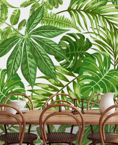 grønt og hvidt bladtapet vægmaleri kaldet Exotic Leaf Pattern til soveværelser, badeværelser og gange