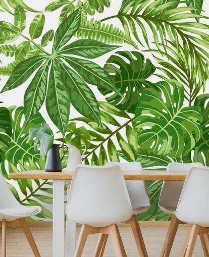 grønt og hvidt bladtapet vægmaleri kaldet Exotic Leaf Pattern til soveværelser, badeværelser og gange