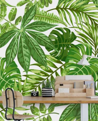 grønt og hvidt bladtapet vægmaleri kaldet Exotic Leaf Pattern til soveværelser, badeværelser og gange grønt og hvidt bladtapet vægmaleri kaldet Exotic Leaf Pattern til soveværelser, badeværelser og gange