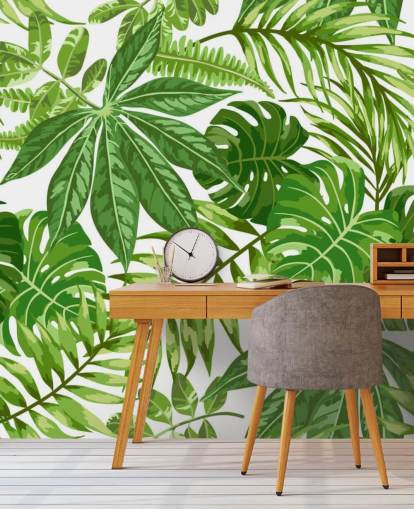 grüne und weiße Blatttapete namens Exotic Leaf Pattern für Schlafzimmer, Badezimmer und Flure