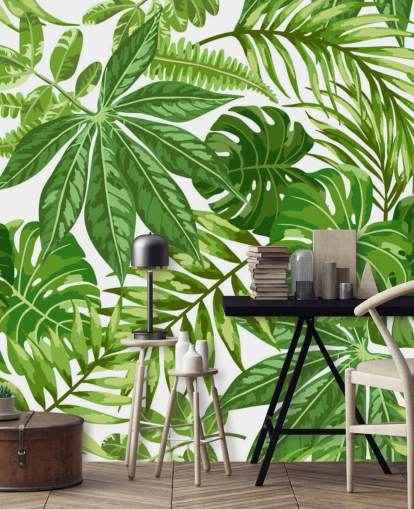 carta da parati murale con foglie verdi e bianche chiamata Exotic Leaf Pattern per camere da letto, bagni e corridoi