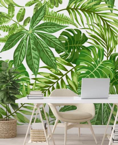 mural de papel de parede de folhas verdes e brancas chamado Exotic Leaf Pattern para quartos, banheiros e corredores mural de papel de parede de folhas verdes e brancas chamado Exotic Leaf Pattern para quartos, banheiros e corredores