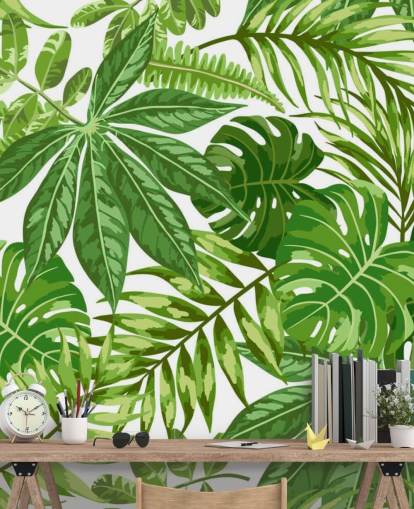 green and white leaf wallpaper mural called Exotic Leaf Pattern for bedrooms, bathrooms and hallways