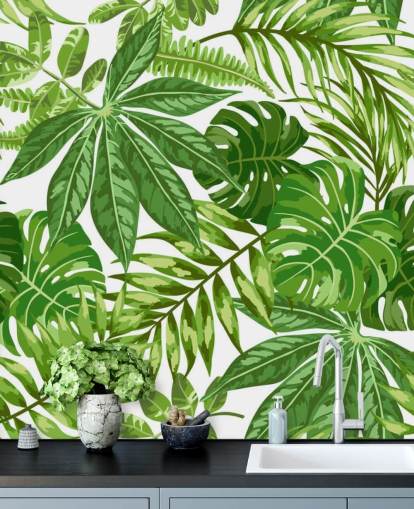 grüne und weiße Blatttapete namens Exotic Leaf Pattern für Schlafzimmer, Badezimmer und Flure