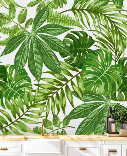 mural de papel pintado de hojas verdes y blancas llamado Exotic Leaf Pattern para dormitorios, baños y pasillos