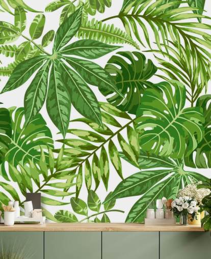 carta da parati murale con foglie verdi e bianche chiamata Exotic Leaf Pattern per camere da letto, bagni e corridoi