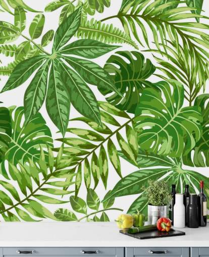 green and white leaf wallpaper mural called Exotic Leaf Pattern for bedrooms, bathrooms and hallways