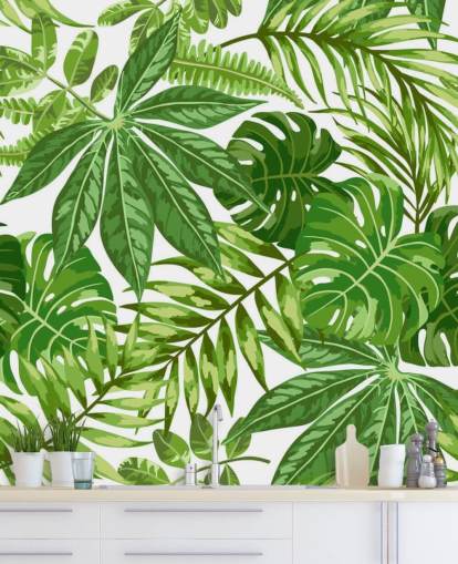 grønt og hvidt bladtapet vægmaleri kaldet Exotic Leaf Pattern til soveværelser, badeværelser og gange