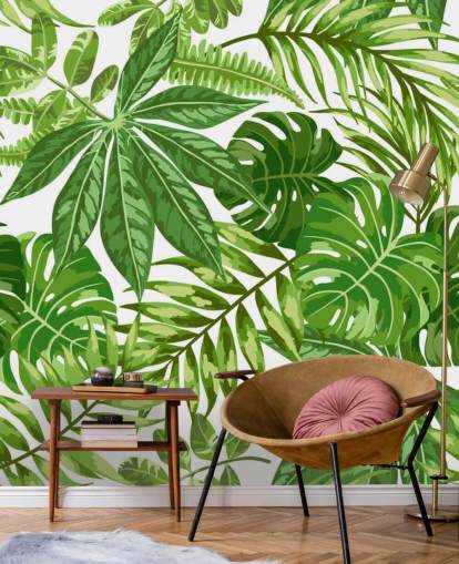 mural de papel de parede de folhas verdes e brancas chamado Exotic Leaf Pattern para quartos, banheiros e corredores