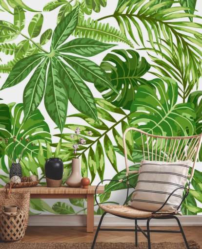 mural de papel pintado de hojas verdes y blancas llamado Exotic Leaf Pattern para dormitorios, baños y pasillos