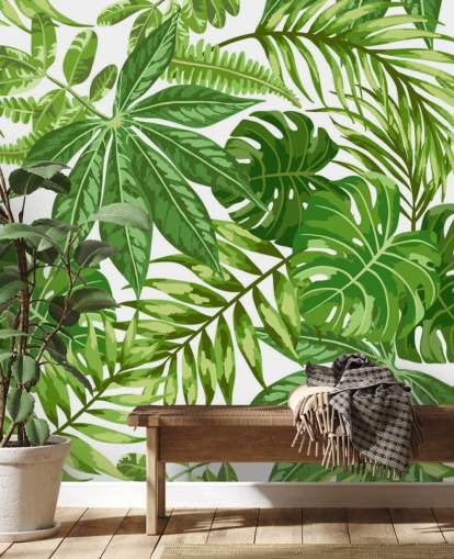 grüne und weiße Blatttapete namens Exotic Leaf Pattern für Schlafzimmer, Badezimmer und Flure grüne und weiße Blatttapete namens Exotic Leaf Pattern für Schlafzimmer, Badezimmer und Flure