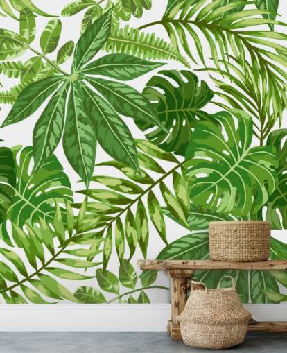 vihreän ja valkoisen lehtitaustakuvan seinämaalaus nimeltä Exotic Leaf Pattern makuuhuoneisiin, kylpyhuoneisiin ja käytäviin