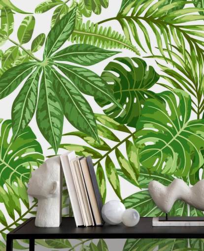 grønt og hvidt bladtapet vægmaleri kaldet Exotic Leaf Pattern til soveværelser, badeværelser og gange