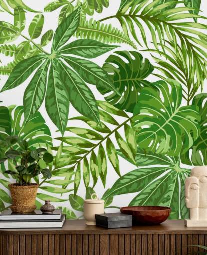 carta da parati murale con foglie verdi e bianche chiamata Exotic Leaf Pattern per camere da letto, bagni e corridoi