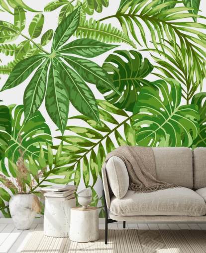 carta da parati murale con foglie verdi e bianche chiamata Exotic Leaf Pattern per camere da letto, bagni e corridoi