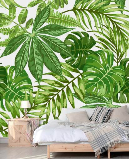 behangmuurschildering met groen en wit blad genaamd Exotic Leaf Pattern voor slaapkamers, badkamers en gangen behangmuurschildering met groen en wit blad genaamd Exotic Leaf Pattern voor slaapkamers, badkamers en gangen