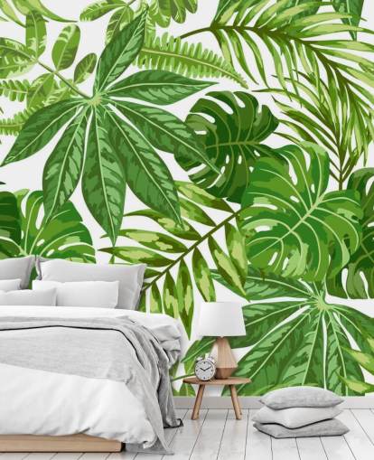 green and white leaf wallpaper mural called Exotic Leaf Pattern for bedrooms, bathrooms and hallways