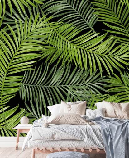 schwarzes und grünes Palmblatt-Tapeten-Wandbild mit dem Namen Tropical Palm Leaves Pattern für Wohn-, Schlaf- und Esszimmer