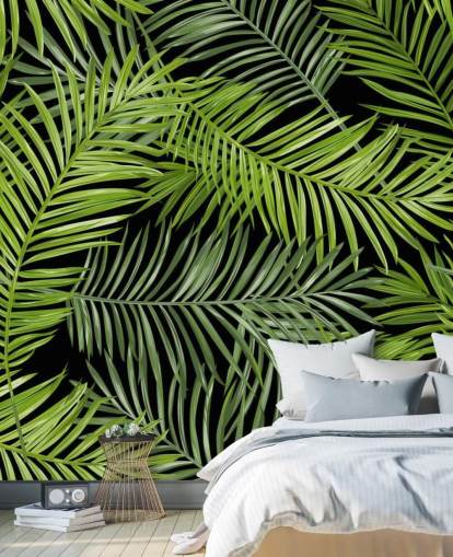 black and green palm leaf wallpaper mural called Tropical Palm Leaves Pattern for living rooms, bedrooms and dining rooms