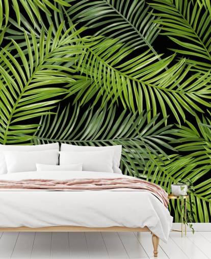 musta ja vihreä palmunlehtitaustakuvamaalaus nimeltä Tropical Palm Leaves Pattern olohuoneisiin, makuuhuoneisiin ja ruokasaleihin