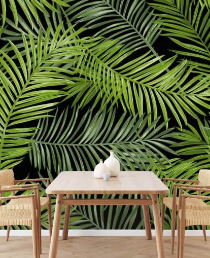 black and green palm leaf wallpaper mural called Tropical Palm Leaves Pattern for living rooms, bedrooms and dining rooms