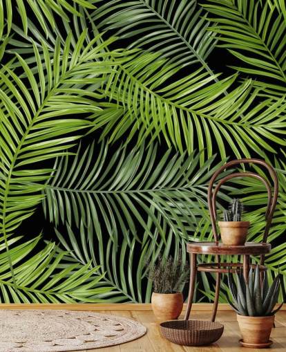 svart og grønt palmeblad tapet veggmaleri kalt Tropical Palm Leaves Pattern for stuer, soverom og spiserom svart og grønt palmeblad tapet veggmaleri kalt Tropical Palm Leaves Pattern for stuer, soverom og spiserom