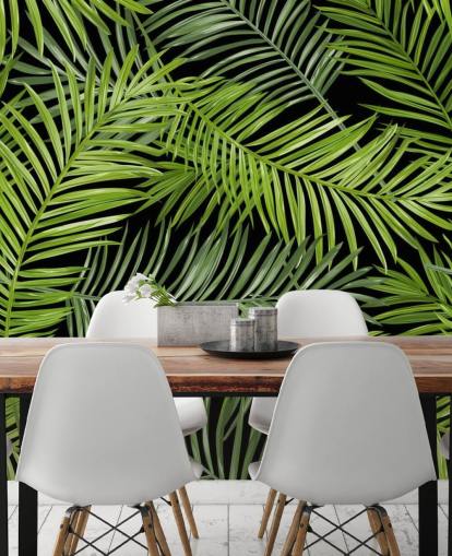 black and green palm leaf wallpaper mural called Tropical Palm Leaves Pattern for living rooms, bedrooms and dining rooms
