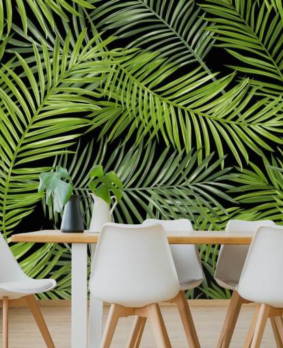 black and green palm leaf wallpaper mural called Tropical Palm Leaves Pattern for living rooms, bedrooms and dining rooms