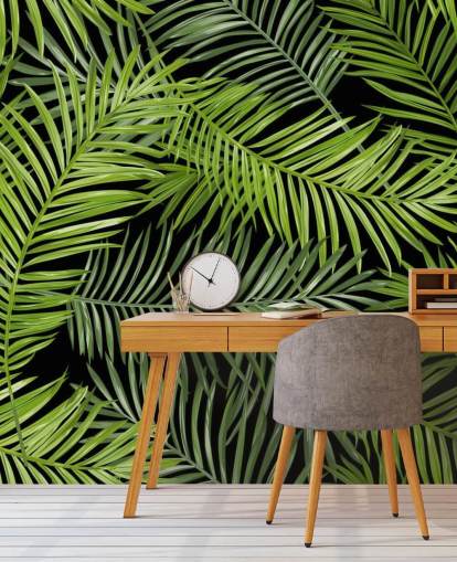 carta da parati murale con foglie di palma nere e verdi chiamata Tropical Palm Leaves Pattern per salotti, camere da letto e sale da pranzo carta da parati murale con foglie di palma nere e verdi chiamata Tropical Palm Leaves Pattern per salotti, camere da letto e sale da pranzo