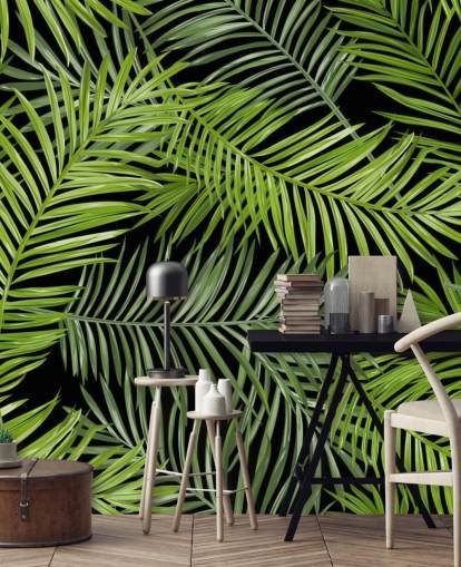mural de papel pintado de hojas de palmera negro y verde llamado Patrón de hojas de palmera tropical para salas de estar, dormitorios y comedores mural de papel pintado de hojas de palmera negro y verde llamado Patrón de hojas de palmera tropical para salas de estar, dormitorios y comedores