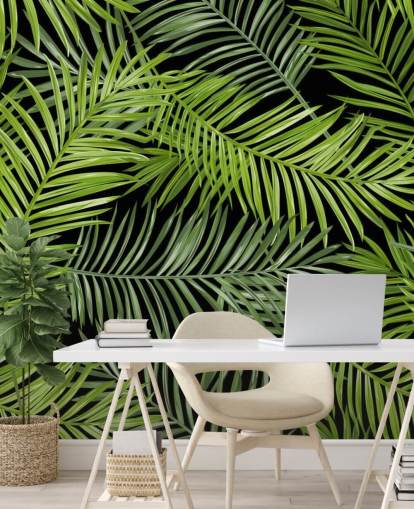 svart og grønt palmeblad tapet veggmaleri kalt Tropical Palm Leaves Pattern for stuer, soverom og spiserom svart og grønt palmeblad tapet veggmaleri kalt Tropical Palm Leaves Pattern for stuer, soverom og spiserom