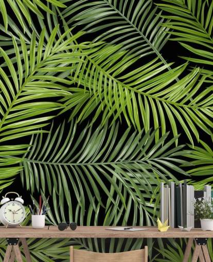 zwart-groene palmbladbehangmuurschildering genaamd Tropical Palm Leaves Pattern voor woonkamers, slaapkamers en eetkamers zwart-groene palmbladbehangmuurschildering genaamd Tropical Palm Leaves Pattern voor woonkamers, slaapkamers en eetkamers