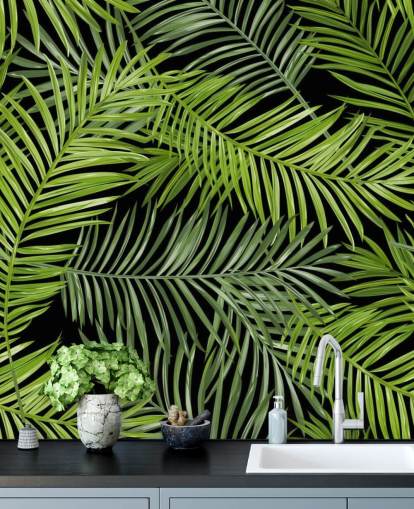 schwarzes und grünes Palmblatt-Tapeten-Wandbild mit dem Namen Tropical Palm Leaves Pattern für Wohn-, Schlaf- und Esszimmer schwarzes und grünes Palmblatt-Tapeten-Wandbild mit dem Namen Tropical Palm Leaves Pattern für Wohn-, Schlaf- und Esszimmer
