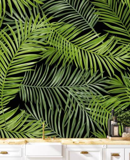 black and green palm leaf wallpaper mural called Tropical Palm Leaves Pattern for living rooms, bedrooms and dining rooms
