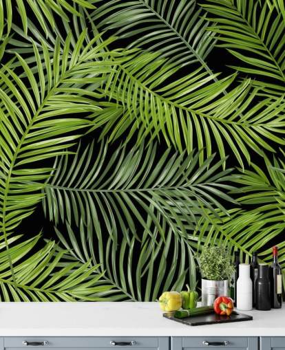 svart og grønt palmeblad tapet veggmaleri kalt Tropical Palm Leaves Pattern for stuer, soverom og spiserom