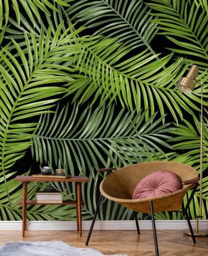 black and green palm leaf wallpaper mural called Tropical Palm Leaves Pattern for living rooms, bedrooms and dining rooms