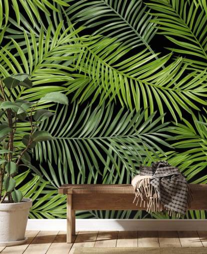 musta ja vihreä palmunlehtitaustakuvamaalaus nimeltä Tropical Palm Leaves Pattern olohuoneisiin, makuuhuoneisiin ja ruokasaleihin musta ja vihreä palmunlehtitaustakuvamaalaus nimeltä Tropical Palm Leaves Pattern olohuoneisiin, makuuhuoneisiin ja ruokasaleihin