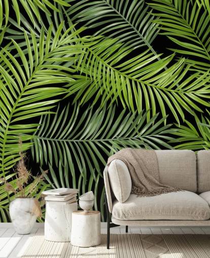 black and green palm leaf wallpaper mural called Tropical Palm Leaves Pattern for living rooms, bedrooms and dining rooms