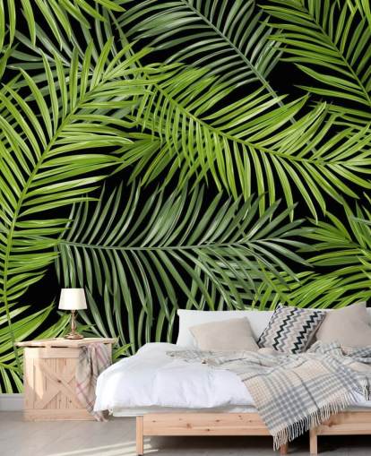 mural de papel de parede em folha de palmeira preto e verde chamado Tropical Palm Leaves Pattern para salas de estar, quartos e salas de jantar