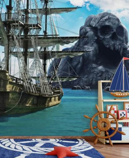 piratenschip en schedel eiland behang