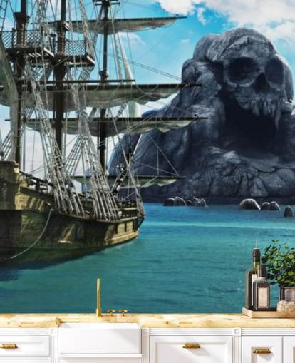 pirate ship and skull island wallpaper